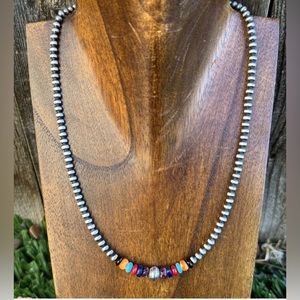Sterling Silver Multi Stone W 4mm Pearls Bead Necklace. 18 Inch Southwestern